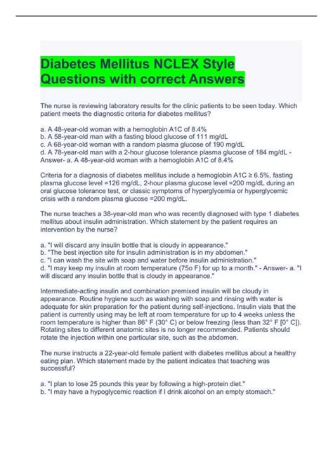 Diabetes Mellitus NCLEX Style Questions Flashcards .